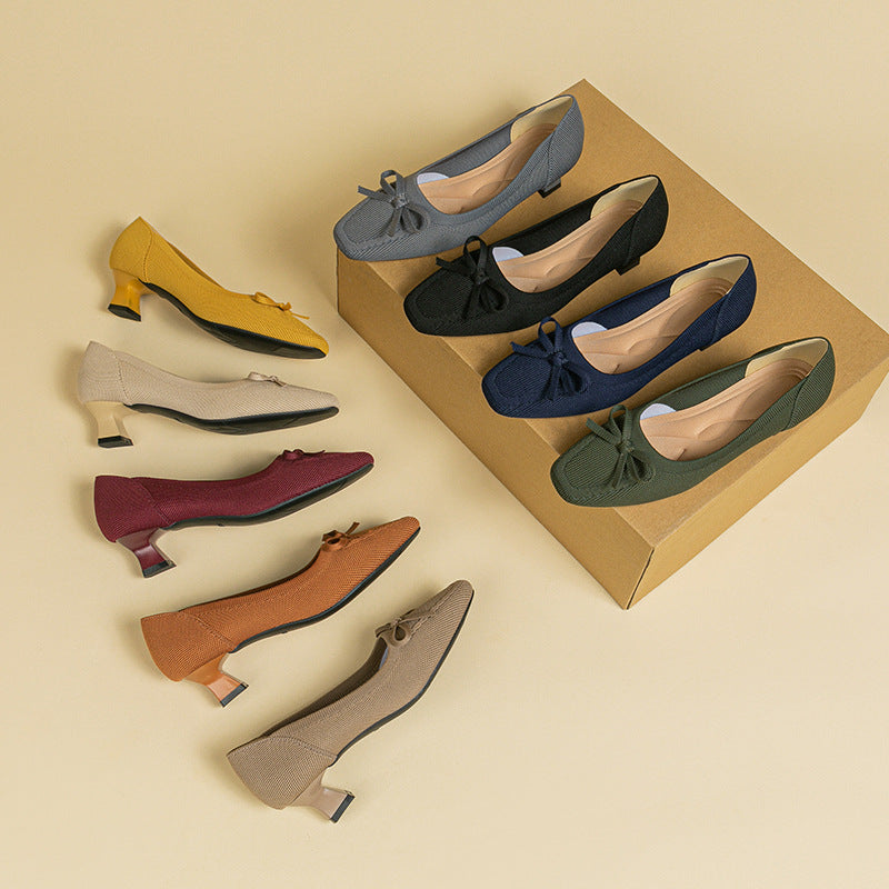 Toe pătrat Decoltat Toc gros Bowknot Pantof de femeie tricotat