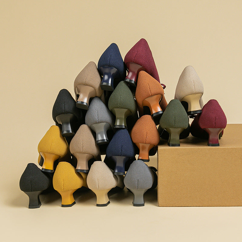 Toe pătrat Decoltat Toc gros Bowknot Pantof de femeie tricotat