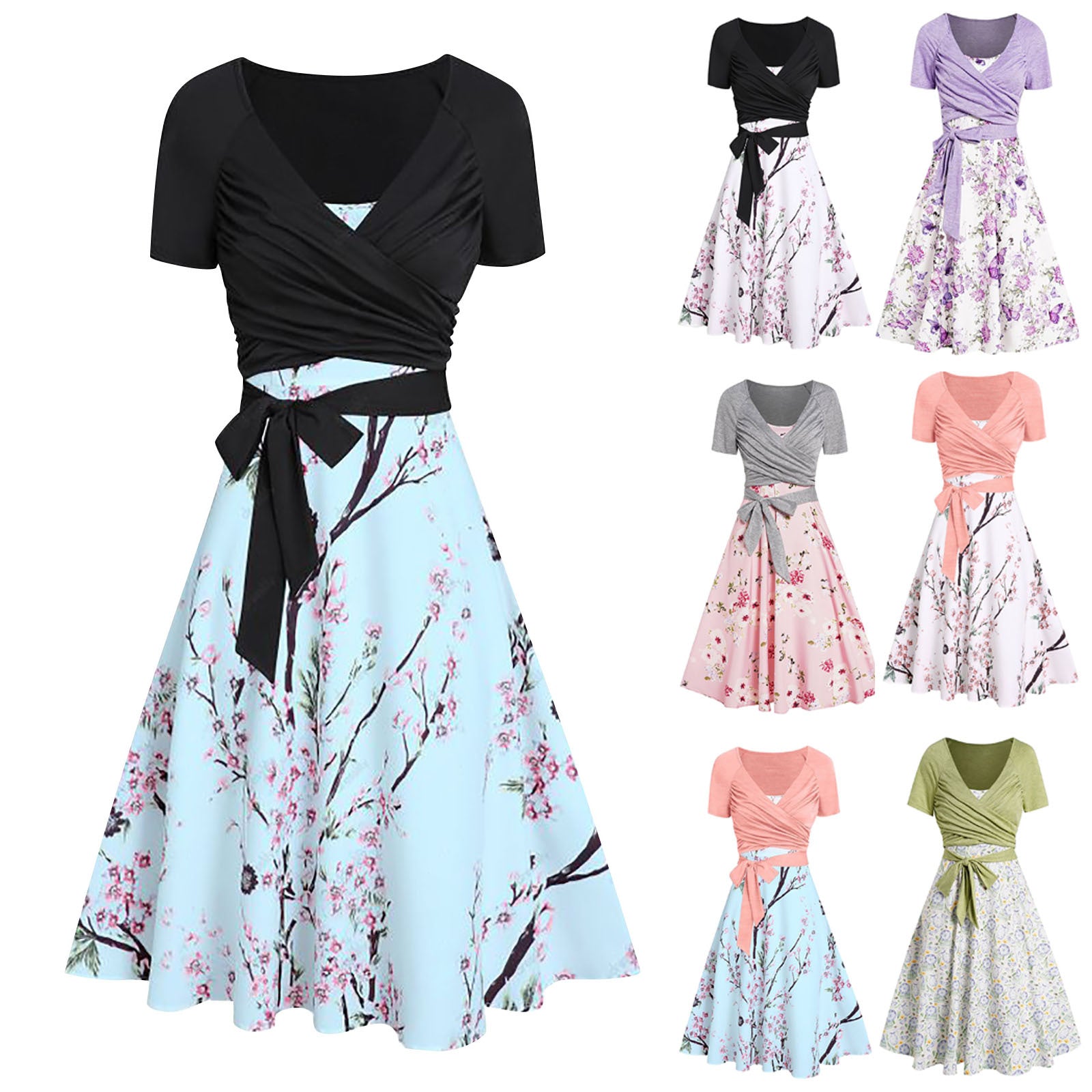 Imbracaminte exterioara cu maneca scurta cu decolteu in V Rochie imprimata din doua piese