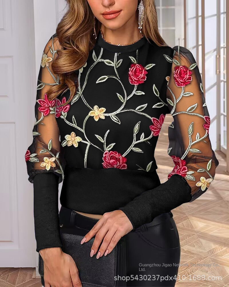 Top cu mâneci lungi din plasă brodat