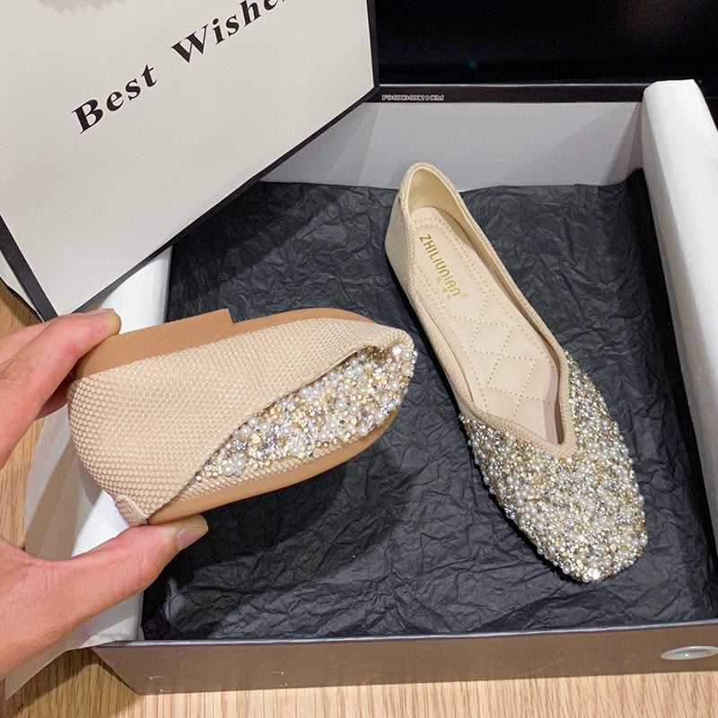 Pantofi plati cu strass pentru dama. Pompe decoltate