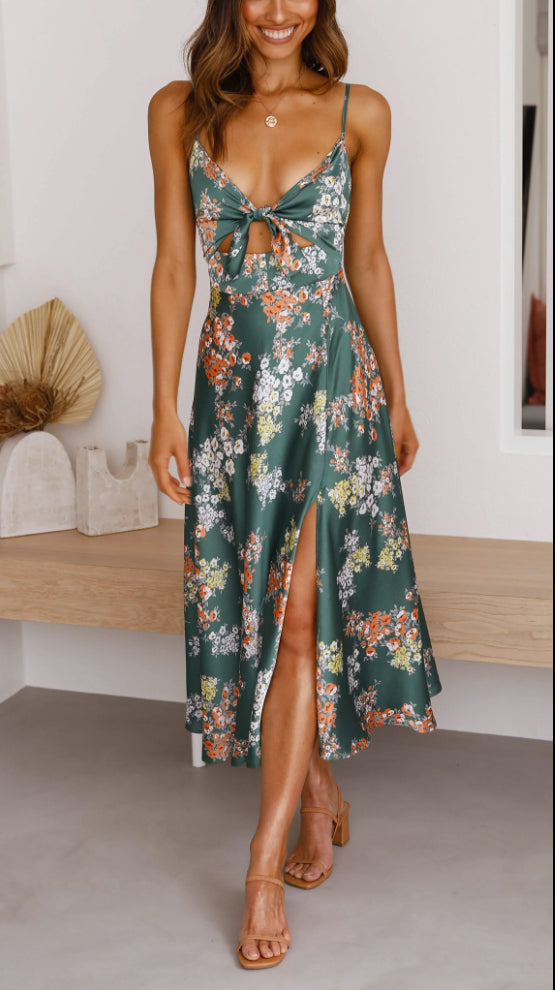 Rochie de damă cu bretele spaghete cu imprimeu floral cu fundă, plajă, fără spate