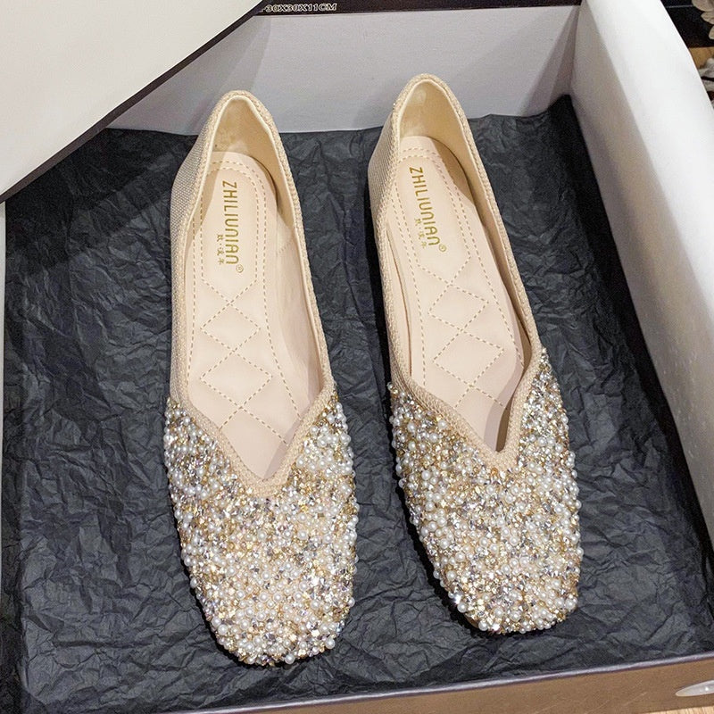 Pantofi plati cu strass pentru dama. Pompe decoltate