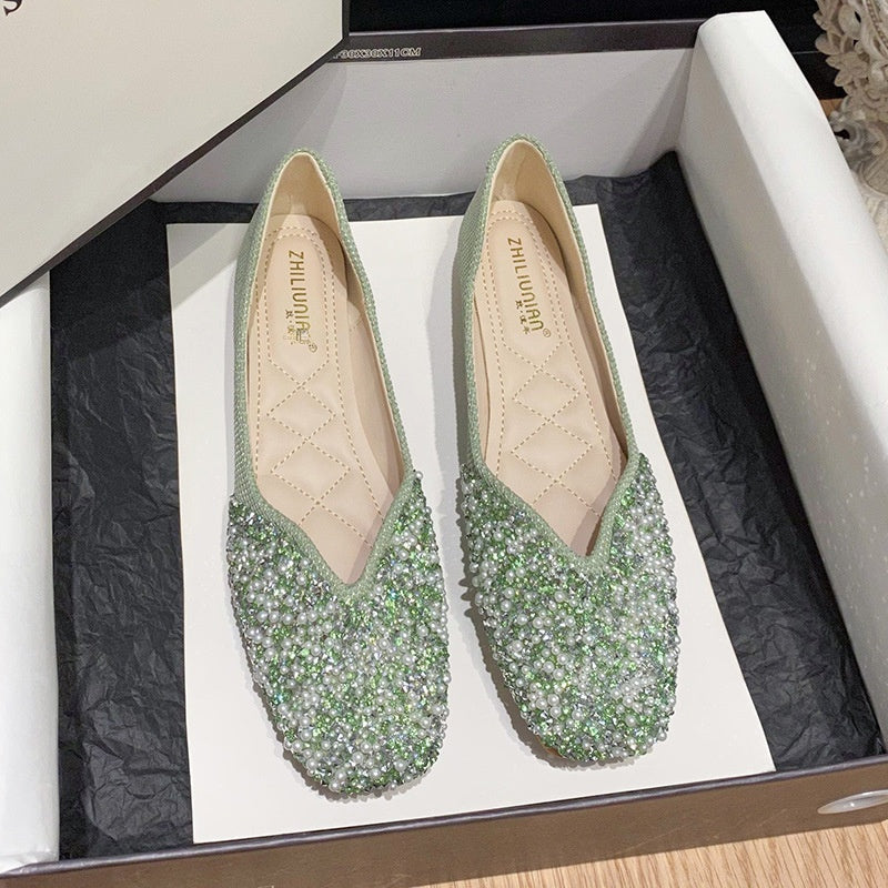 Pantofi plati cu strass pentru dama. Pompe decoltate