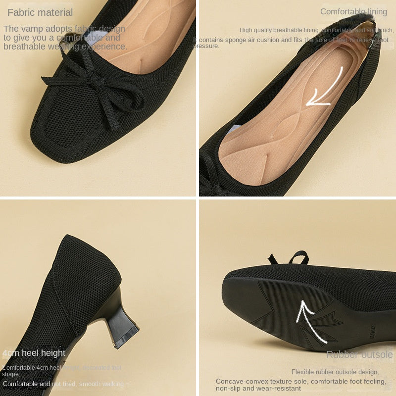 Toe pătrat Decoltat Toc gros Bowknot Pantof de femeie tricotat