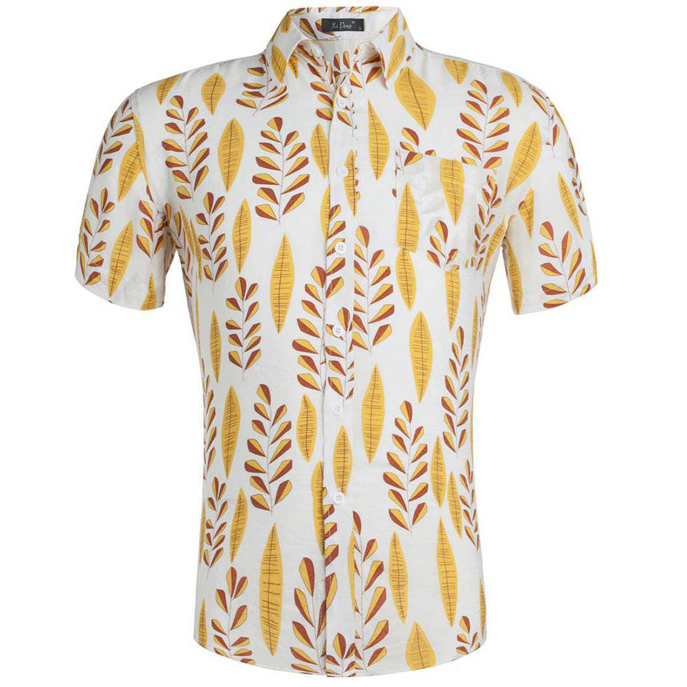 Cămașă cu mânecă scurtă pentru bărbați, cu imprimeu hawaian, din bumbac Tencel