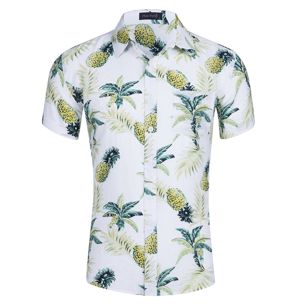 Cămașă cu mânecă scurtă pentru bărbați, cu imprimeu hawaian, din bumbac Tencel
