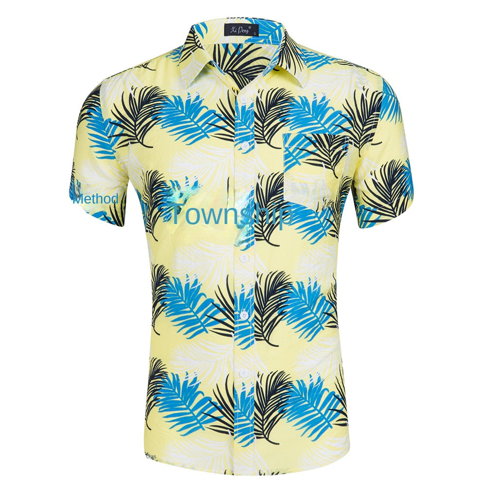 Cămașă cu mânecă scurtă pentru bărbați, cu imprimeu hawaian, din bumbac Tencel