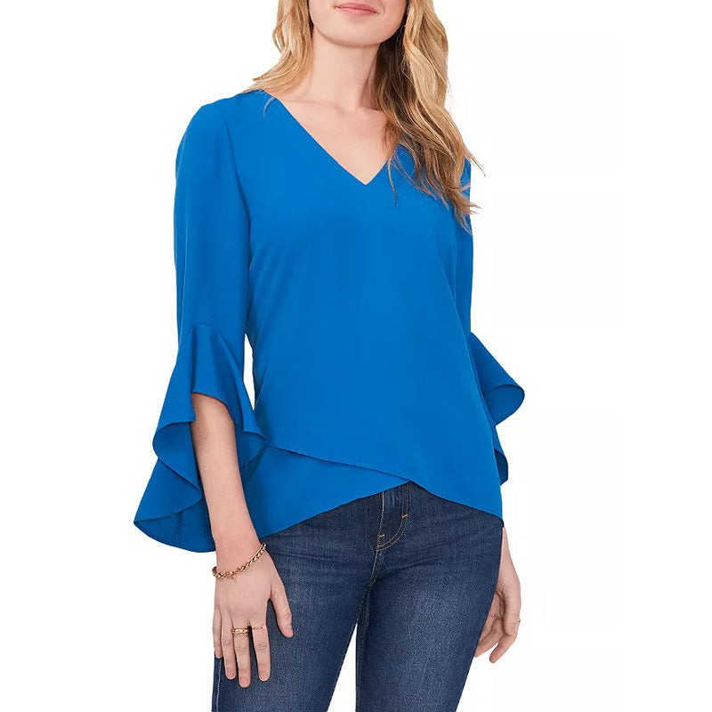 Cămașă cu decolteu în V de culoare uni