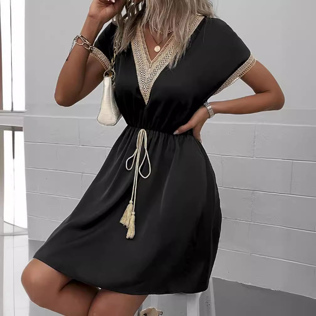 Rochie de primăvară și vară, cu mâneci scurte, cu decolteu în V, cu mâneci scurte
