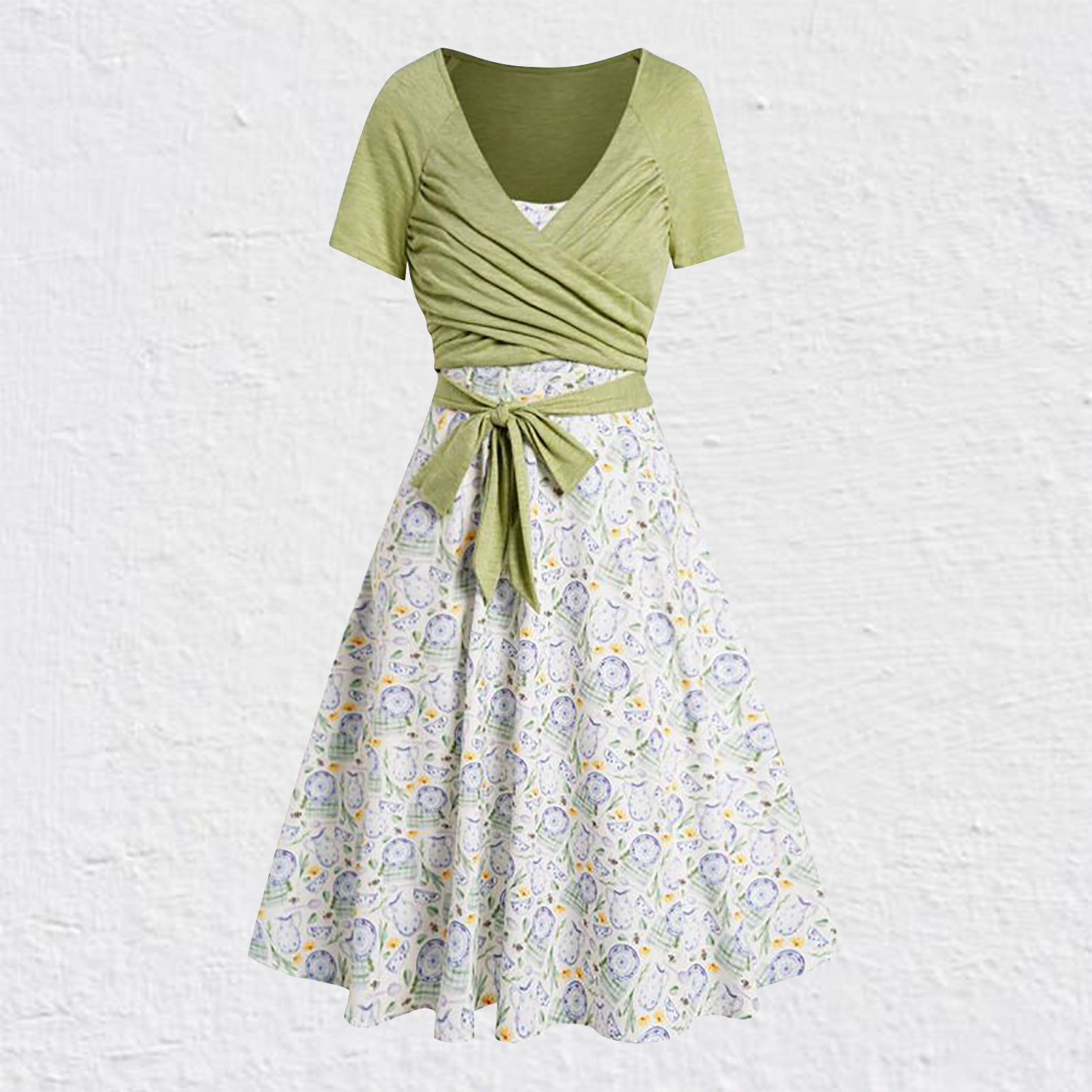 Imbracaminte exterioara cu maneca scurta cu decolteu in V Rochie imprimata din doua piese