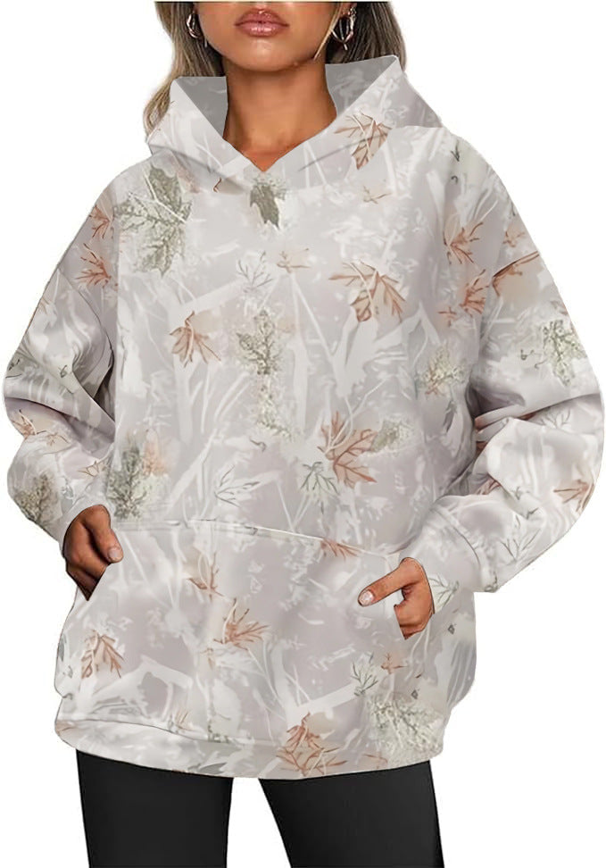 Hanoră cu glugă de camuflaj pentru femei, imprimeu frunze de arțar, buzunar sport supradimensionat